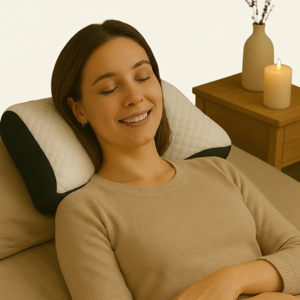 Woman lying on a bed with a pillow, smiling in a cozy bedroom setting.